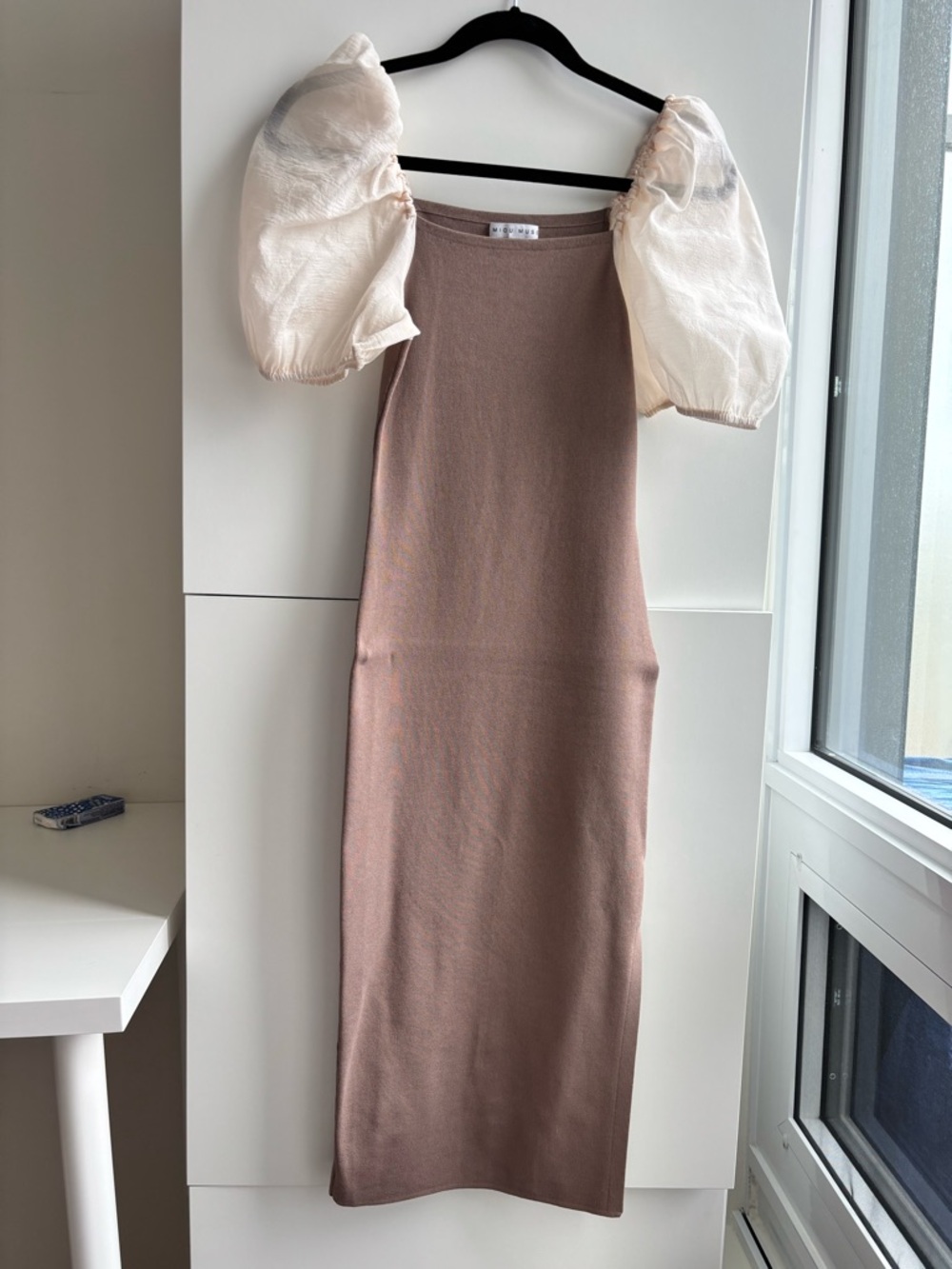 Puff-Sleeve Midi Knit Dress in Taupe with Cream Sleeves